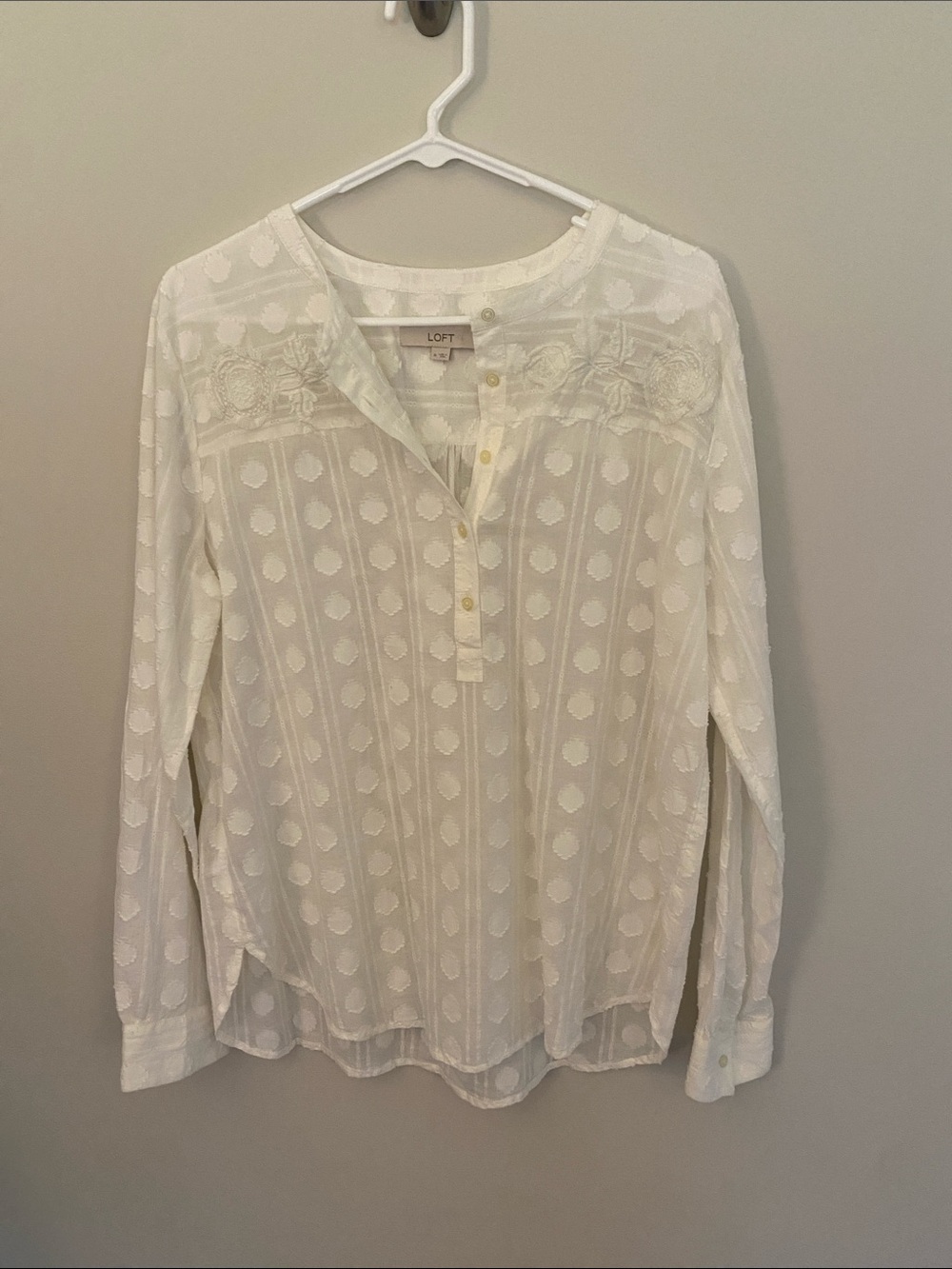 LOFT White Embroidered Dot Button-Front Blouse